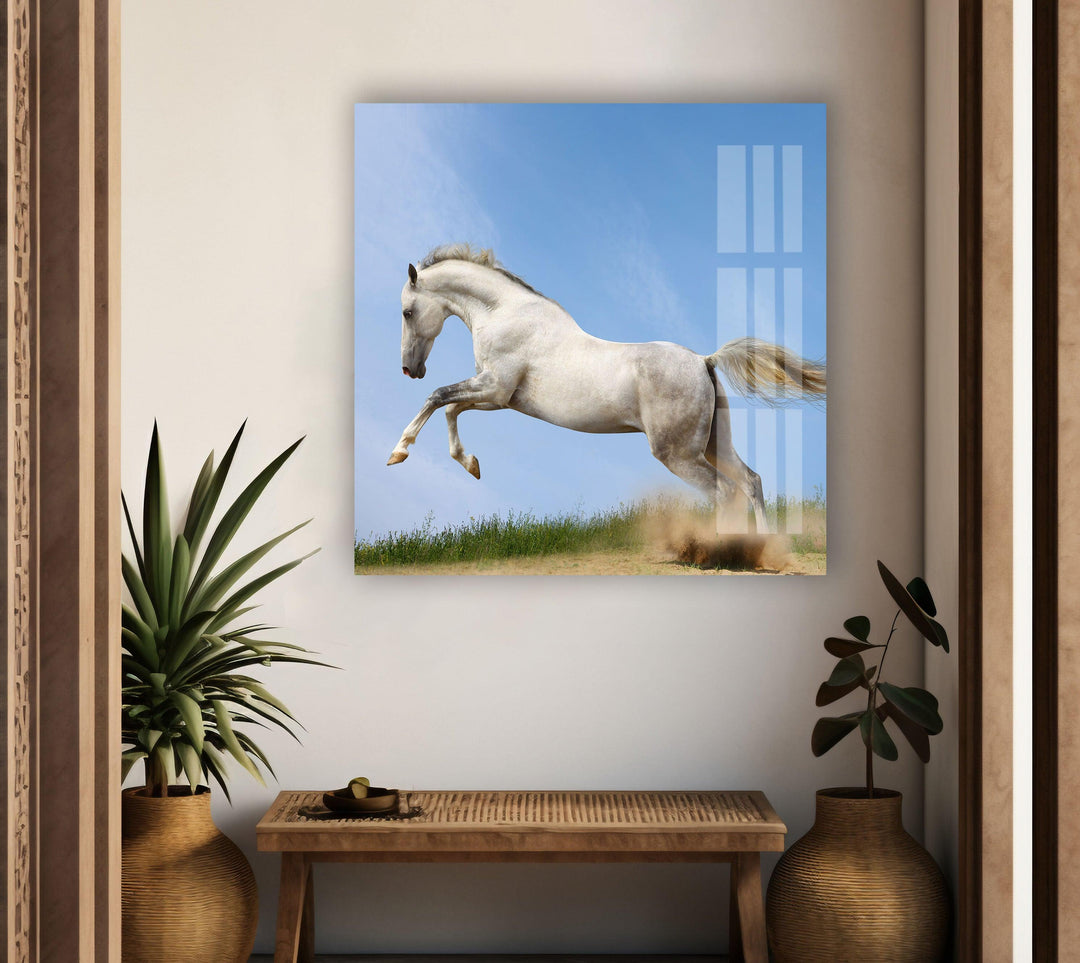 Running White Horse Glass Wall Art picture on glass wall art, photos printed on glass