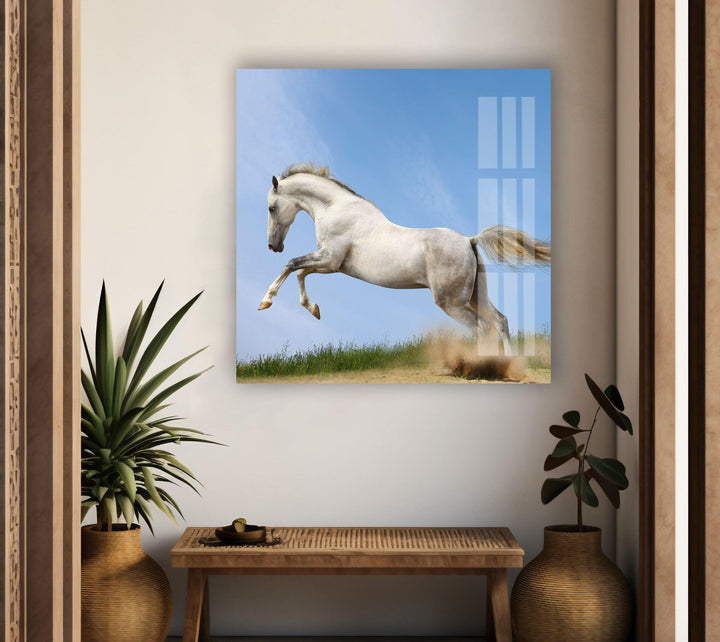 Running White Horse Glass Wall Art picture on glass wall art, photos printed on glass