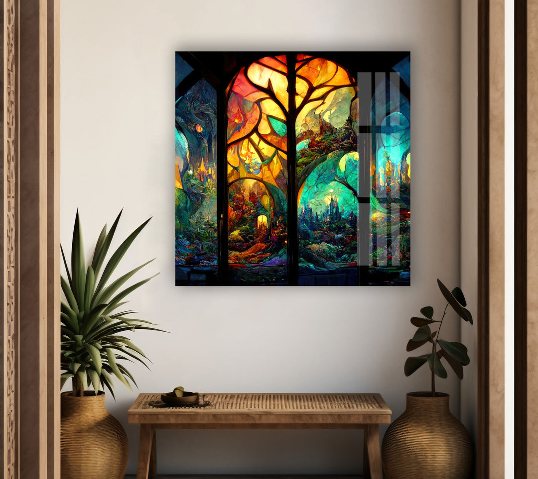 Forest & Castles Stained Glass Wall Art photo print on glass, prints on glass wall art