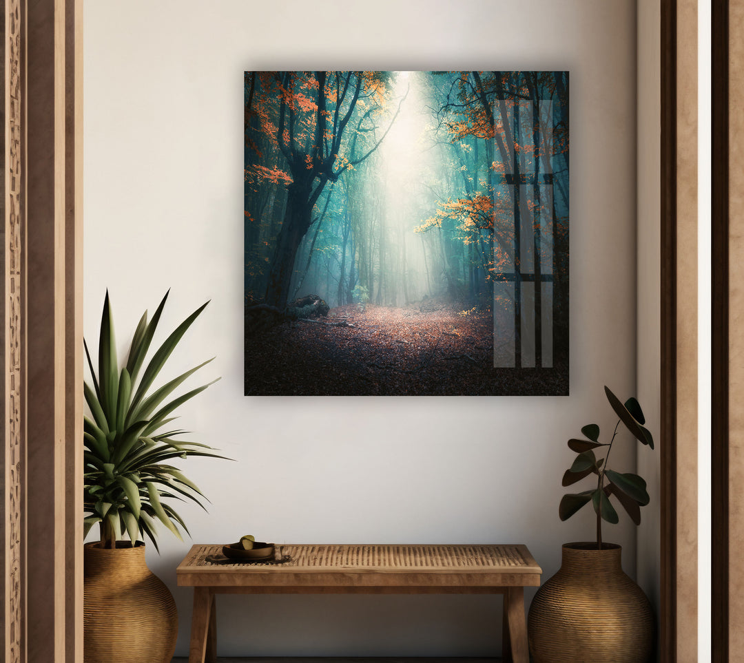 Mystical Forest In Blue Fog Glass Wall Art art glass wall art, glass wall art pictures