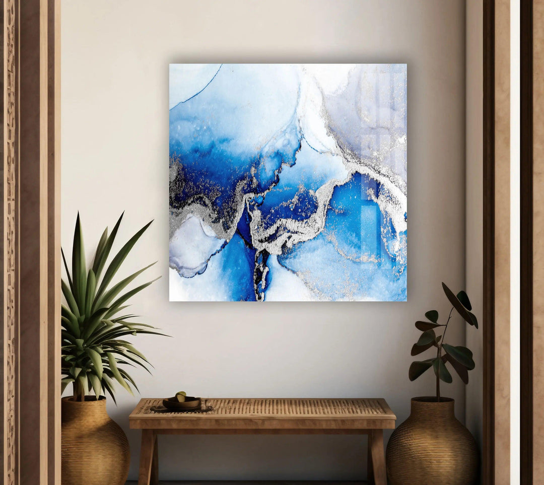 Blue and Silver Abstract Glass Wall Art glass pictures for Wall, glass prints wall art