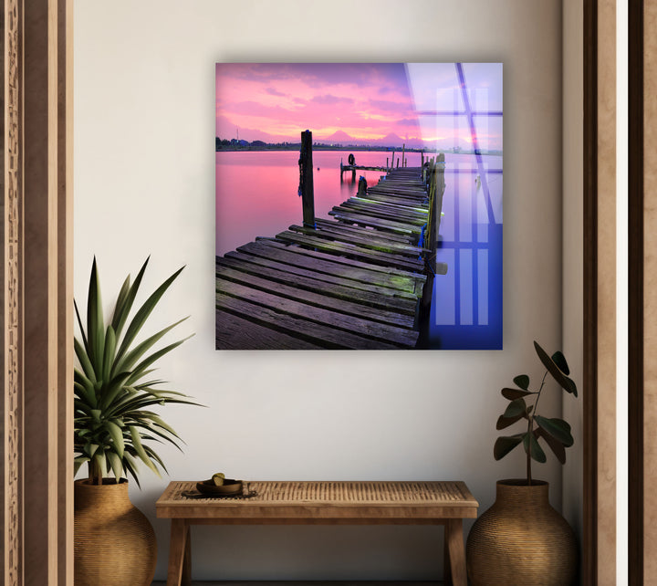 Abandoned Dock Sunrise Glass Wall Art