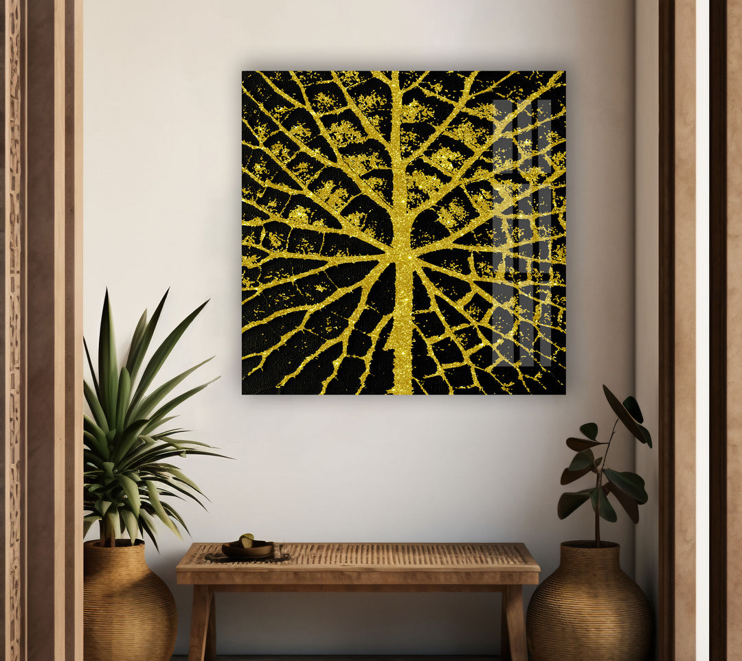 Golden Sparkle Leaves Glass Wall Art print on glass, glass printed photos