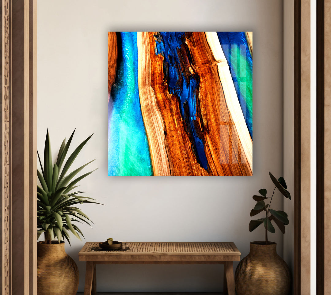 Blue Wood Epoxy Abstract Glass Wall Art, glass pictures for Wall, glass prints wall art