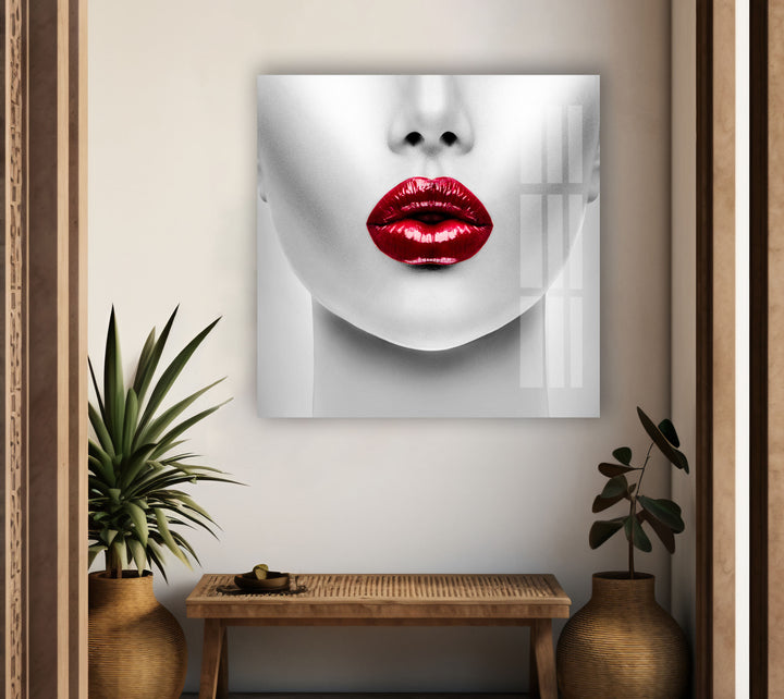 White Woman Red Lips Glass Photo Prints & Cool Abstract