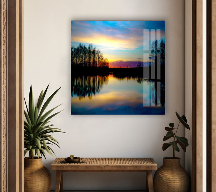 Sunset Near Lake Glass Wall Art glass art painting, glass art for the Wall