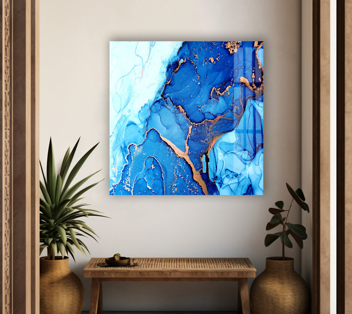 Blue and Gold Abstract Tempered Glass Wall Art - MyPhotoStation Extra Large Abstract Photo Prints on Glass