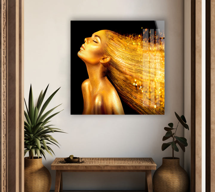 Gold Hair Woman Portrait Tempered Glass Wall Art - MyPhotoStation