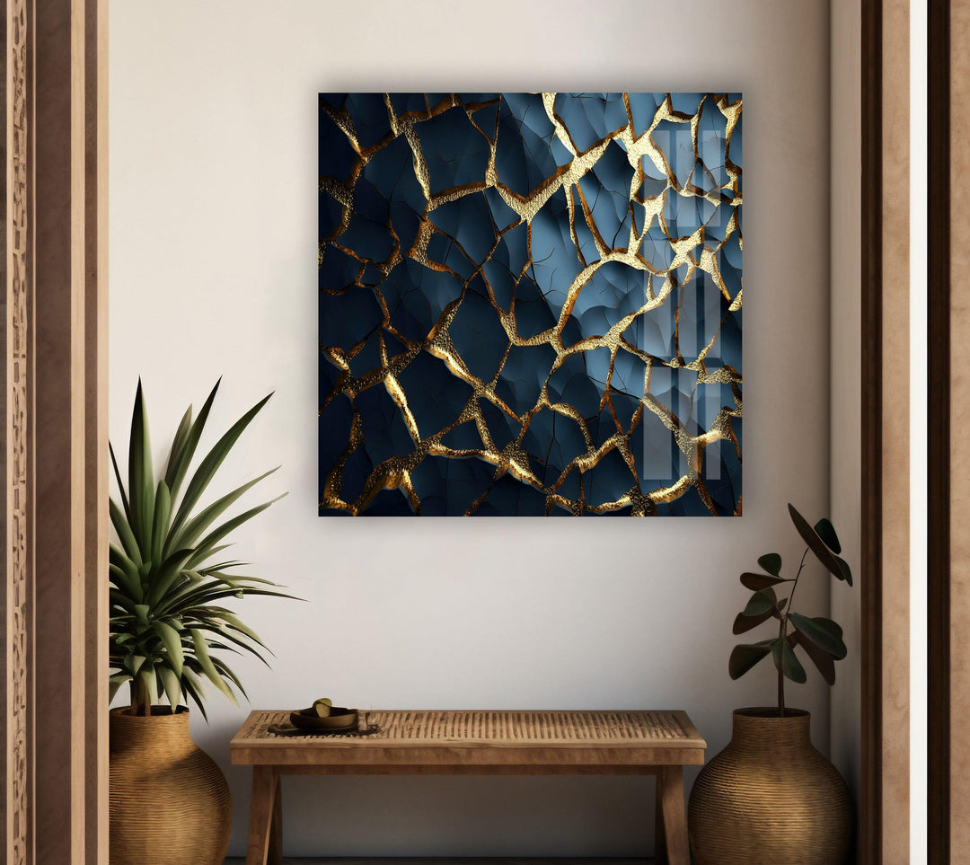 Cracked Gold Marble Glass Wall Art print picture on glass, Tempered Glass Wall Art