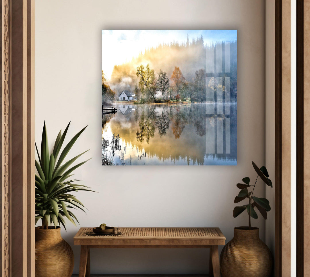 Lake & House Landscape Glass Wall Art picture on glass wall art, photos printed on glass