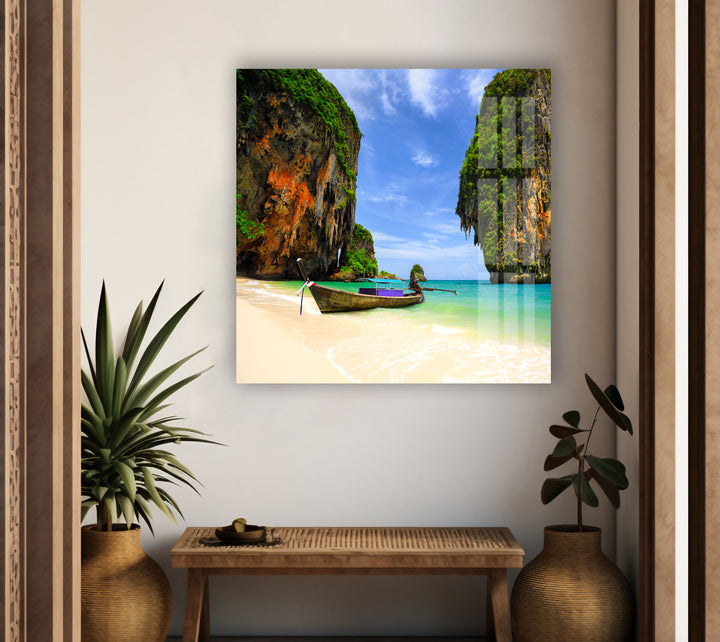 Tropical Beach Limestone Rock Glass Wall Art print picture on glass, Tempered Glass Wall Art