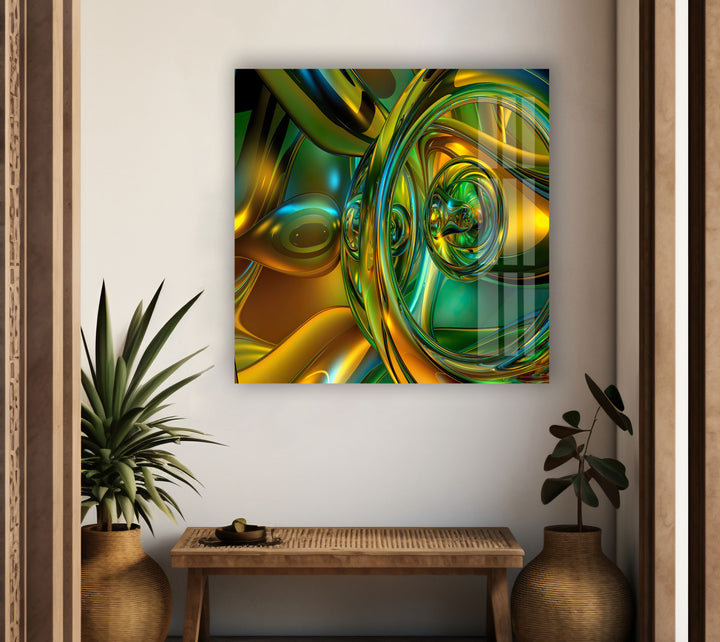 Shiny Gold And Green Abstraction Glass Wall Art