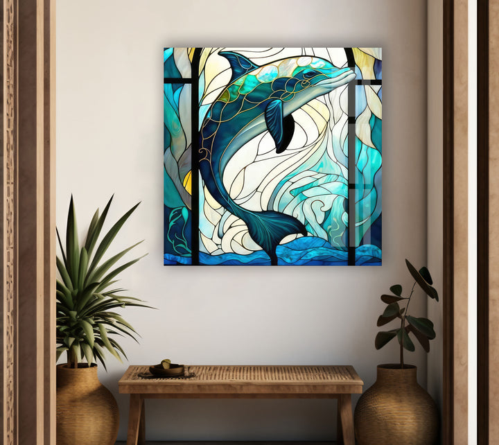 Stained Dolphin Glass Wall Art print picture on glass, Tempered Glass Wall Art