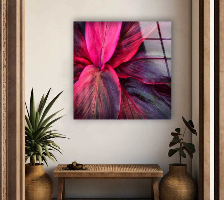 Pink Botanical Leaves Glass Wall Art, glass photo prints, glass picture prints