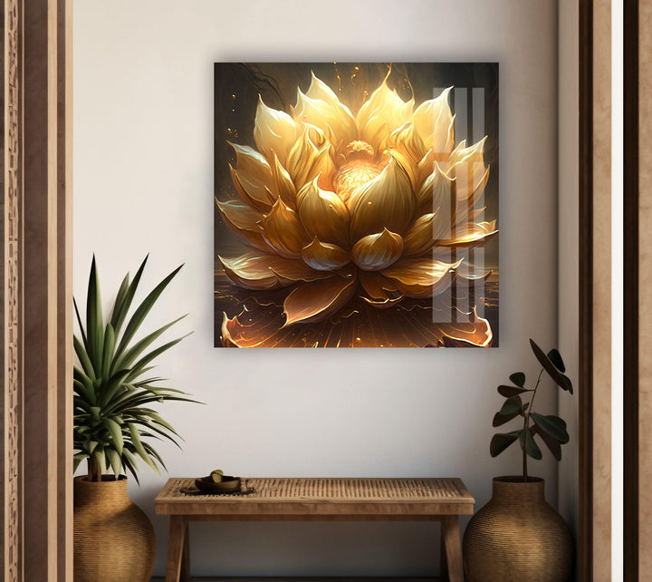 Golden Flower Black Background Glass Wall Art, photo print on glass, prints on glass wall art