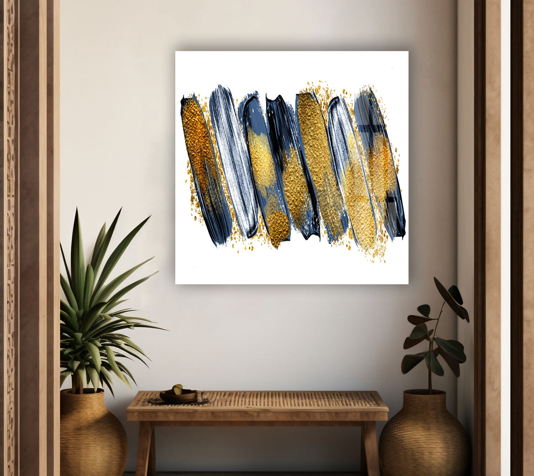 Gold Glitters with Blue Abstract Glass Wall Art, custom glass photo prints, large glass prints