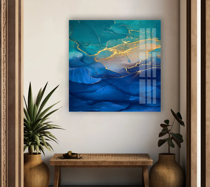 Gold Blue Green Alcohol ink art Tempered Glass Wall Art - MyPhotoStation