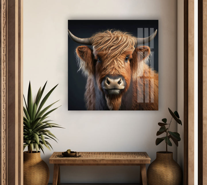 Scottish Cow Portrait Glass Wall Art photo print on glass, prints on glass wall art