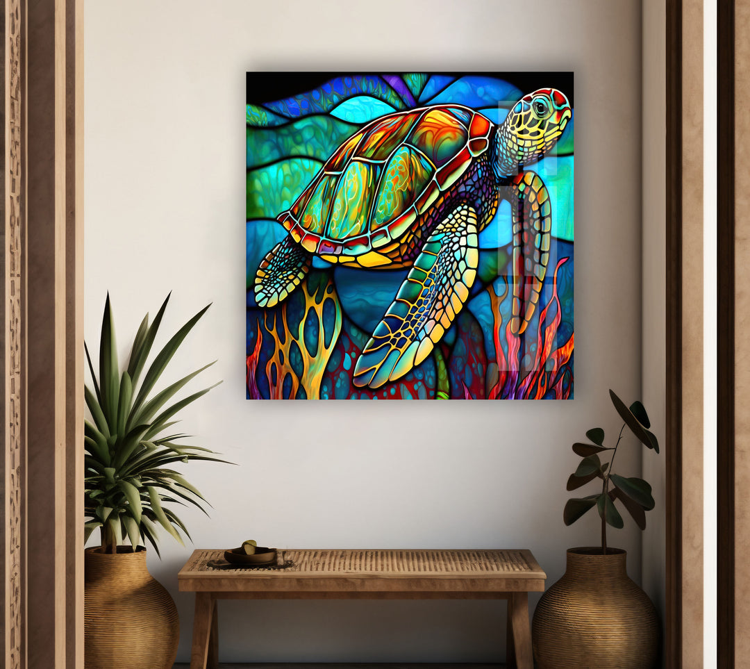 Stained Sea Turtle Glass Wall Art photo print on glass, prints on glass wall art