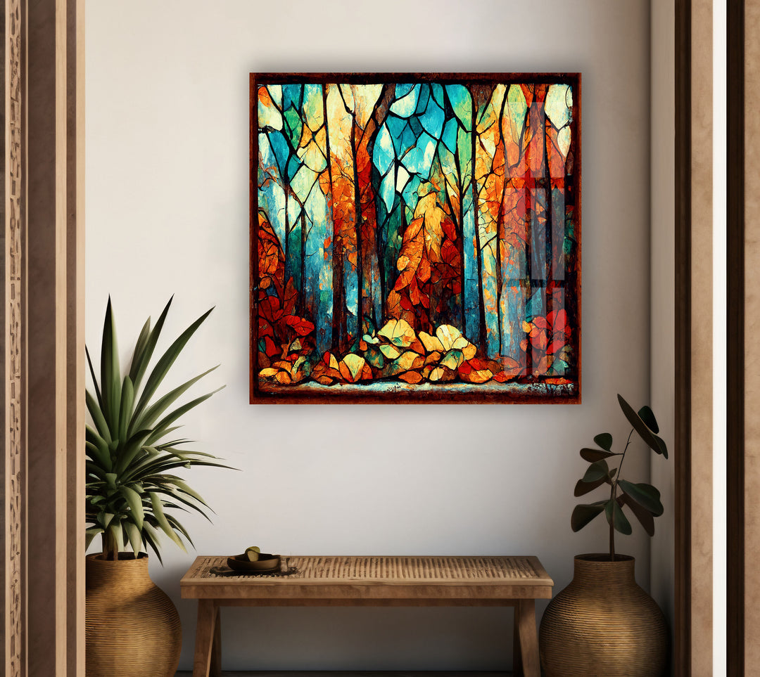 Autumn Forest Stained Glass Wall Art photo print on glass, prints on glass wall art