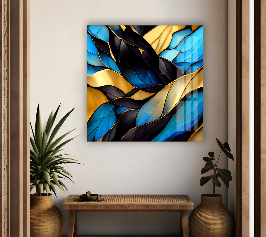 Blue Stained Waves Glass Wall Art , picture on glass wall art, photos printed on glass