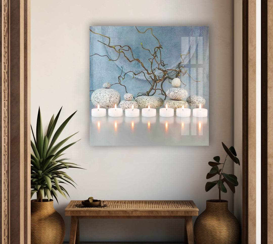 Candle With Zen Spa Stones Glass Wall Art