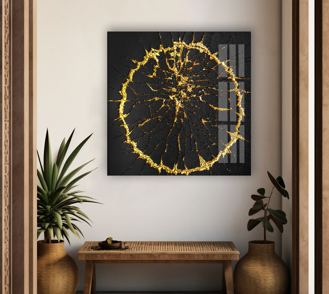 Golden Cracks Abstract Glass Wall Art