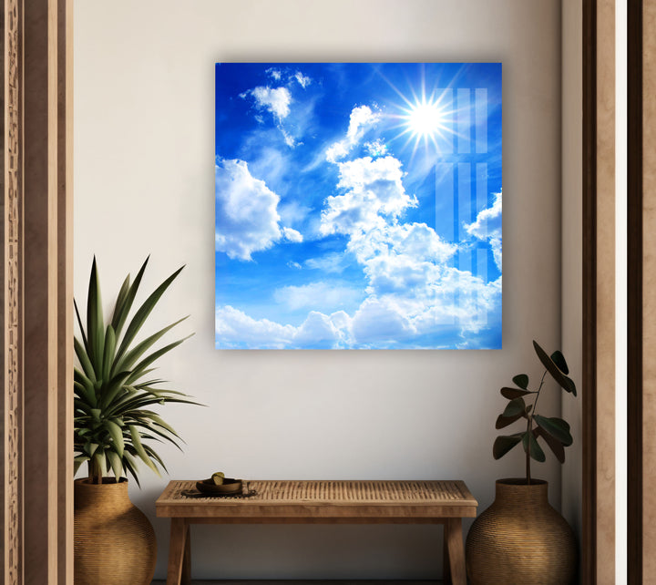 White Clouds and Blue Sky Glass Wall Art