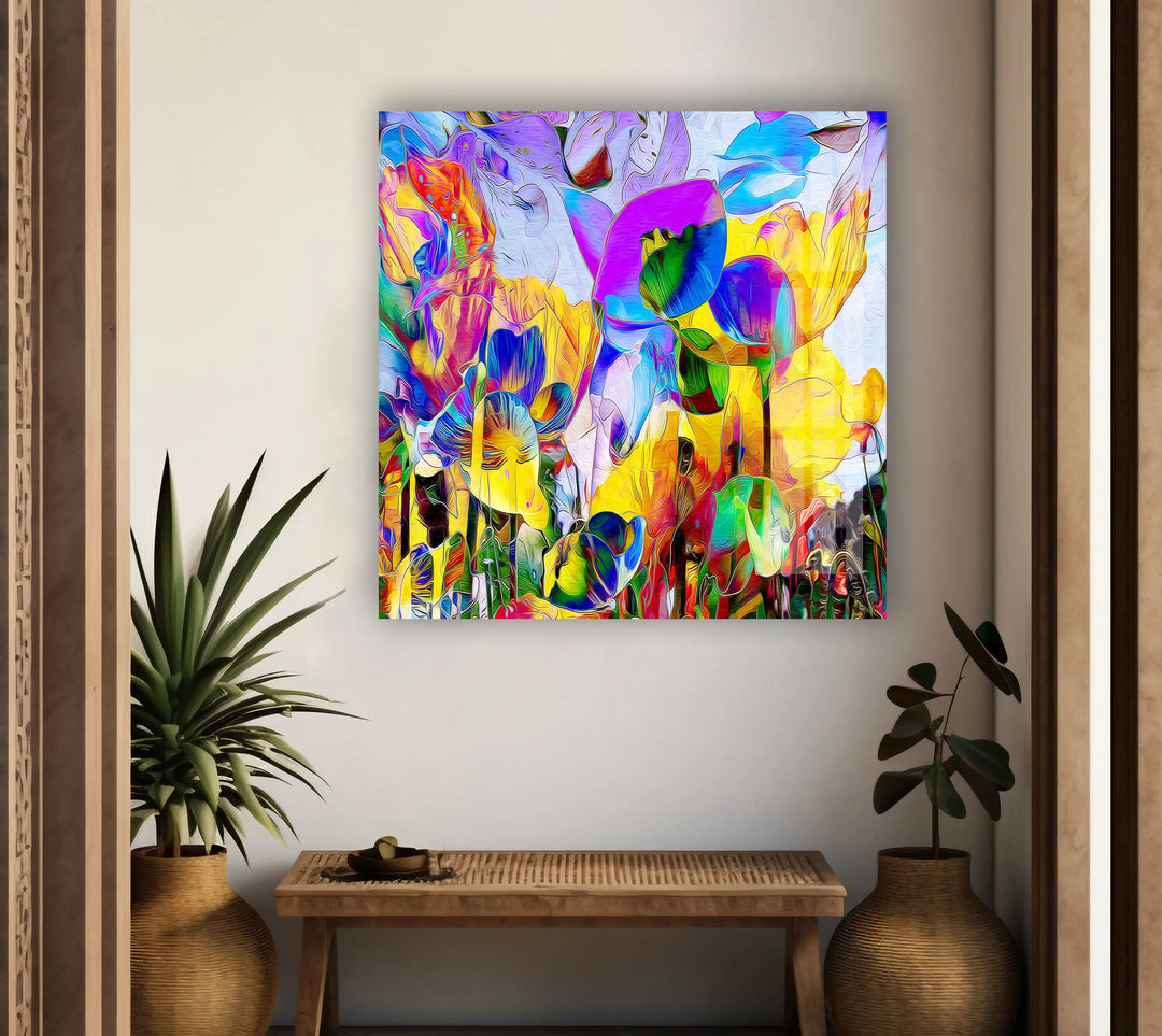 Purple & Yellow Flower Painting Glass Wall Art custom glass photo prints, large glass prints
