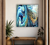 Blue and Gold Veins Alcohol ink square Glass Wall Art