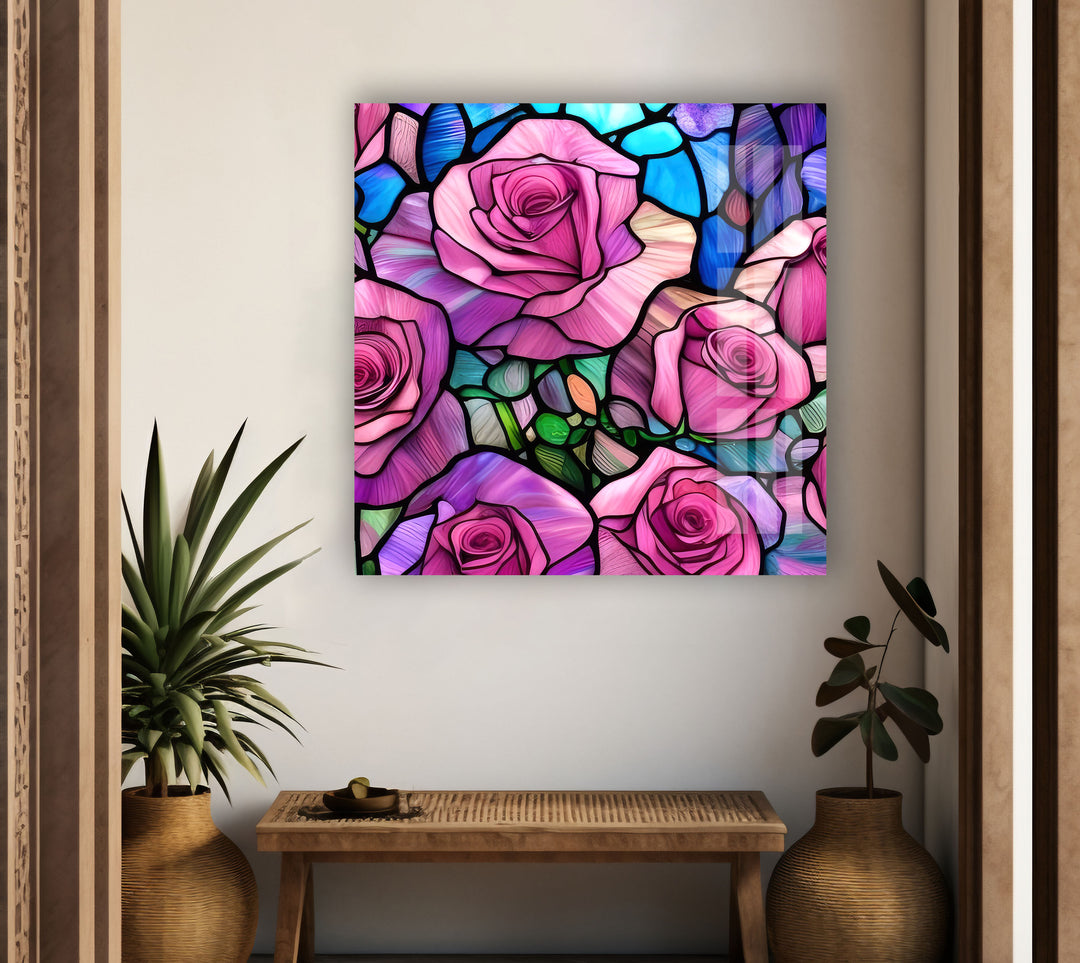 Stained Pink Roses Glass Wall Art art glass wall art, glass wall art pictures