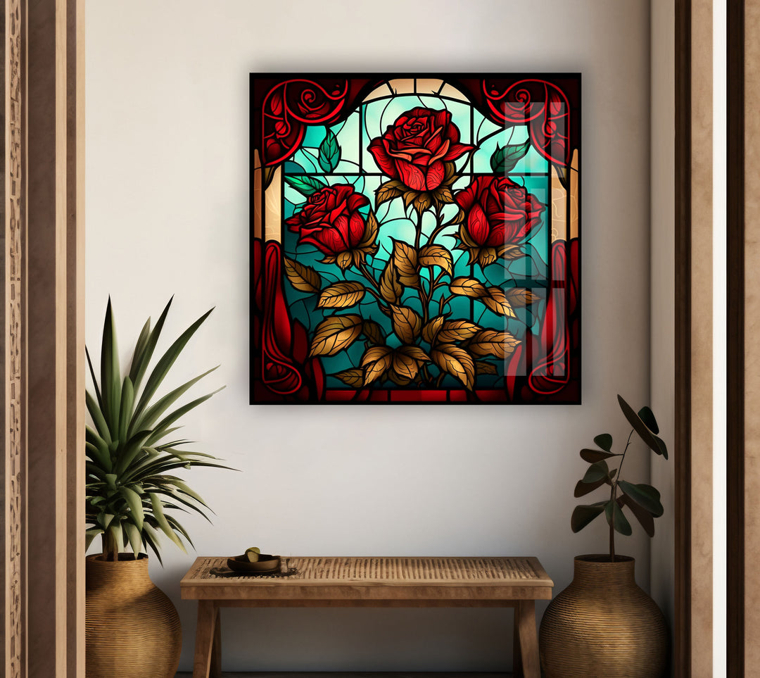 Stained Red Rose Flower Glass Wall Art glass photo prints, glass picture prints