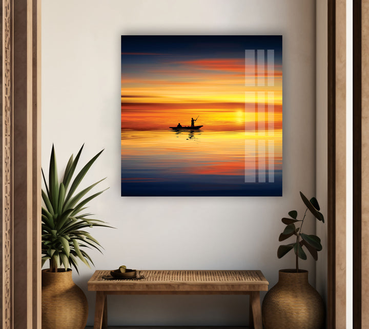 Sunset Sea Landscape & Boat Glass Wall Art photo print on glass, prints on glass wall art