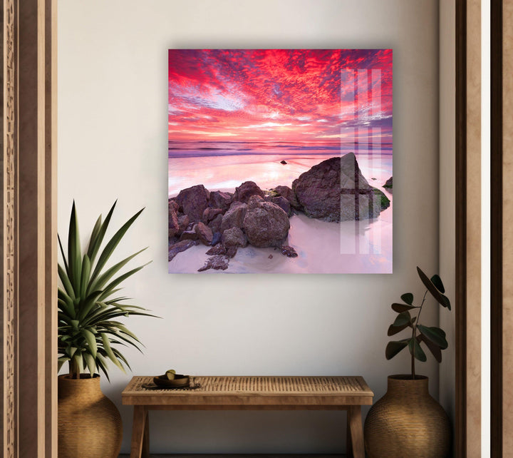 Sunset Landscape & Rocks Glass Wall Art