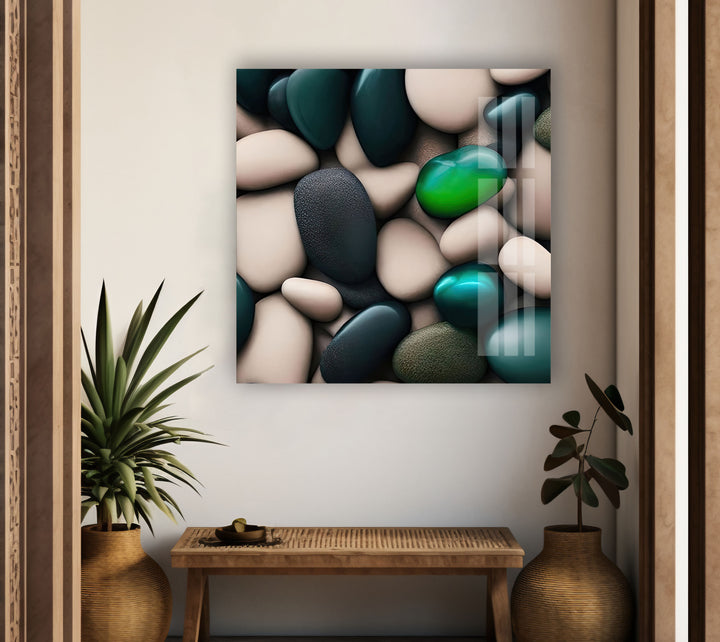 Sea Stones White & Green Glass Wall Art glass art painting, glass art for the Wall