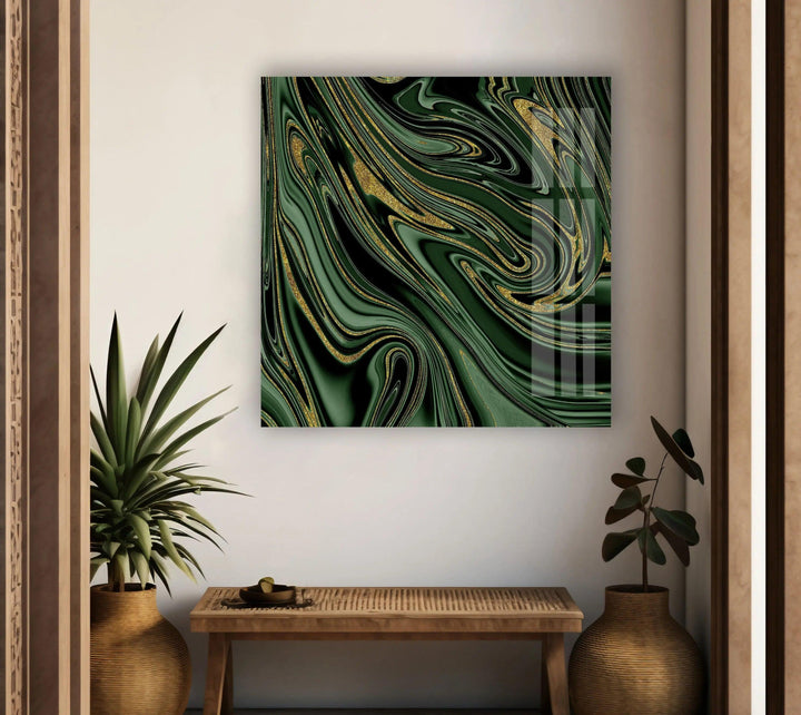 Golden Black Green Marble Abstract Glass Wall Art