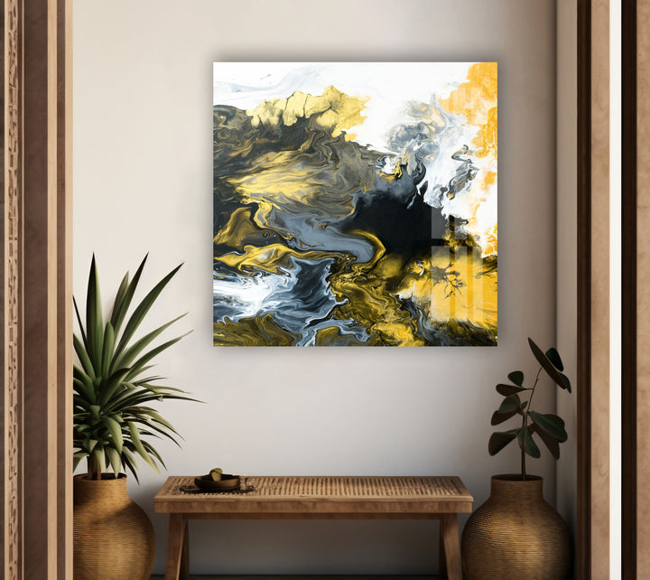 Abstract painting, black and gold creative abstract glass wall art