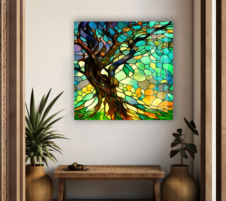 Life of Tree Green Stained Glass Wall Art large glass photo prints, glass wall photos