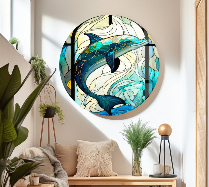 Stained Dolphin Glass Wall Art large glass photo prints, glass wall photos