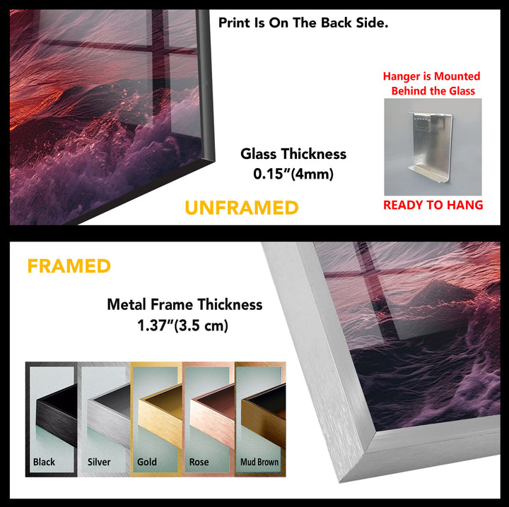 Red Sunset & Big Waves Glass Wall Art