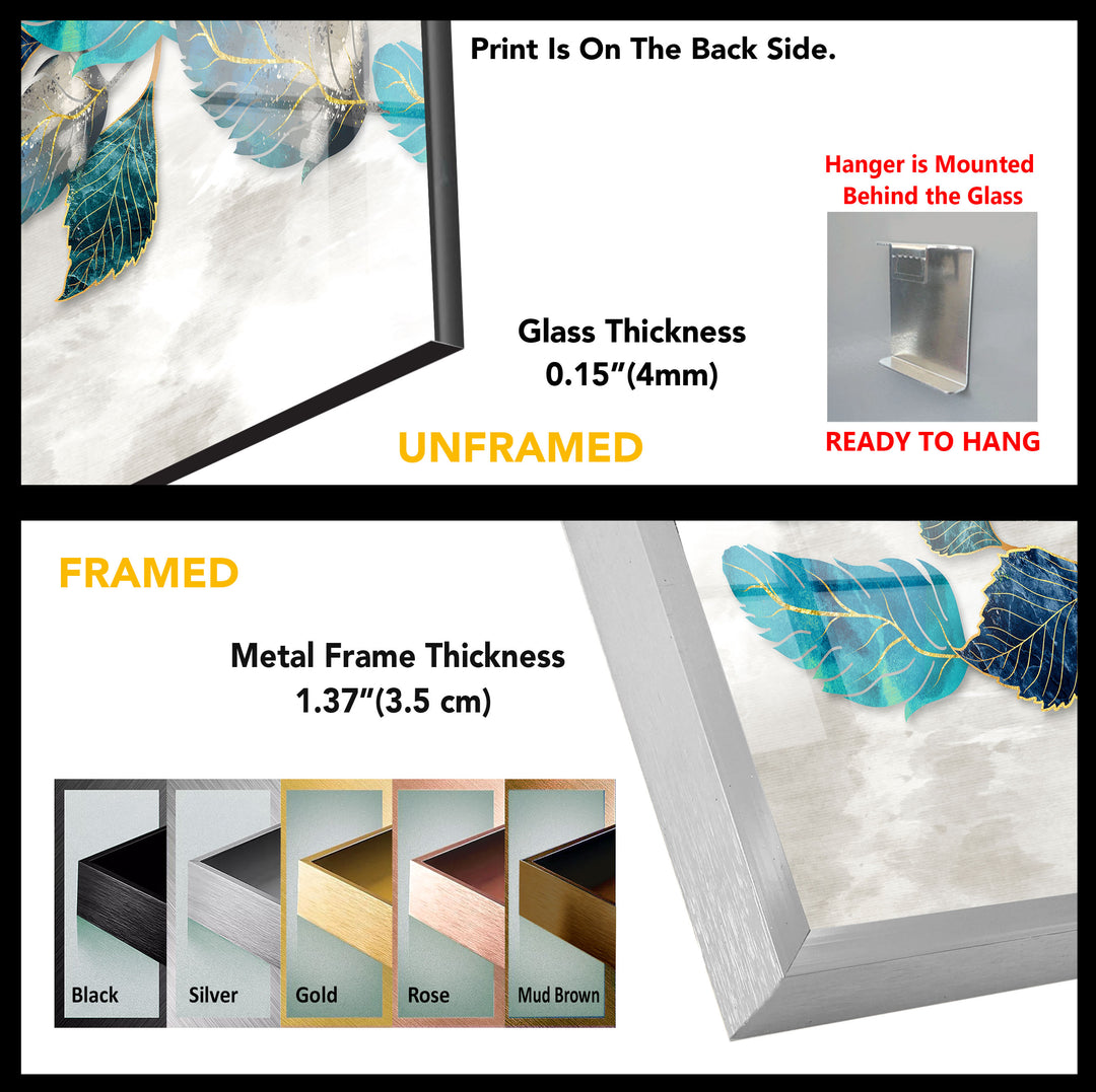 Blueish Golden Leaves Glass Wall Art, Glass Printing Wall Art, Print photos on glass