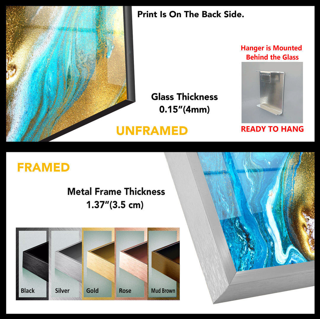 liquid blue and gold Tempered Glass Wall Art