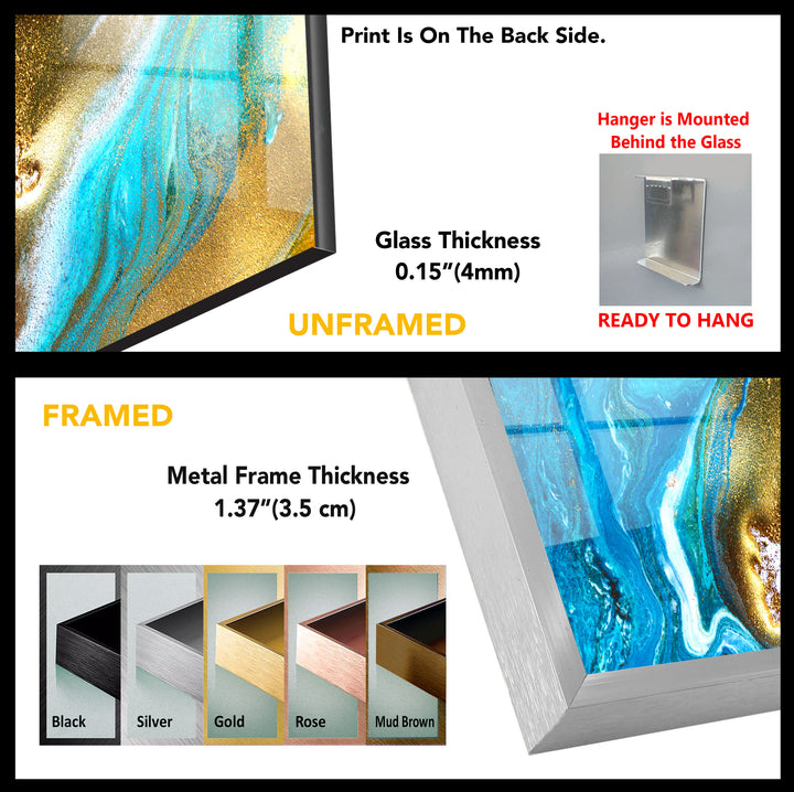 liquid blue and gold Tempered Glass Wall Art