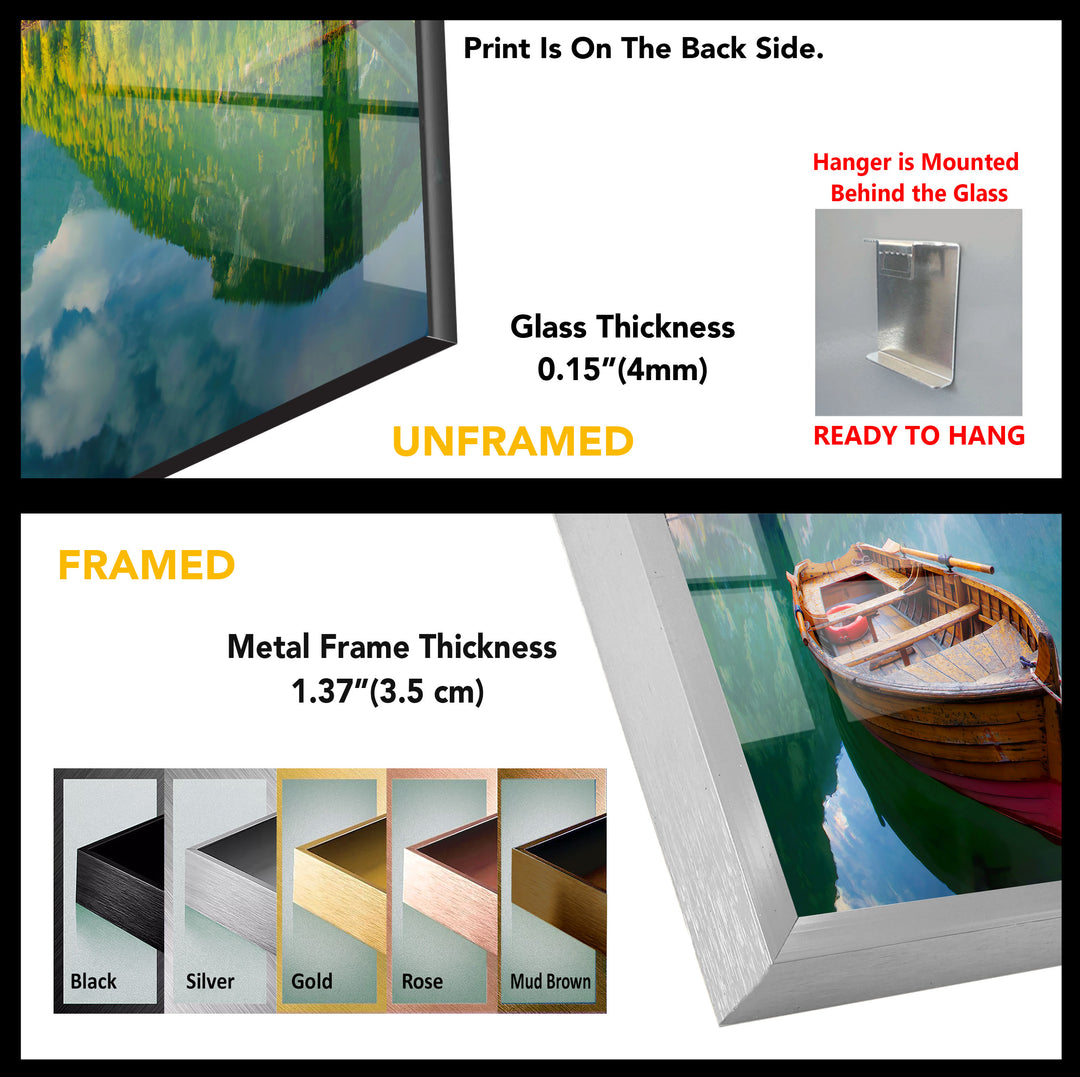 Autumn Boat on Lake Glass Wall Art