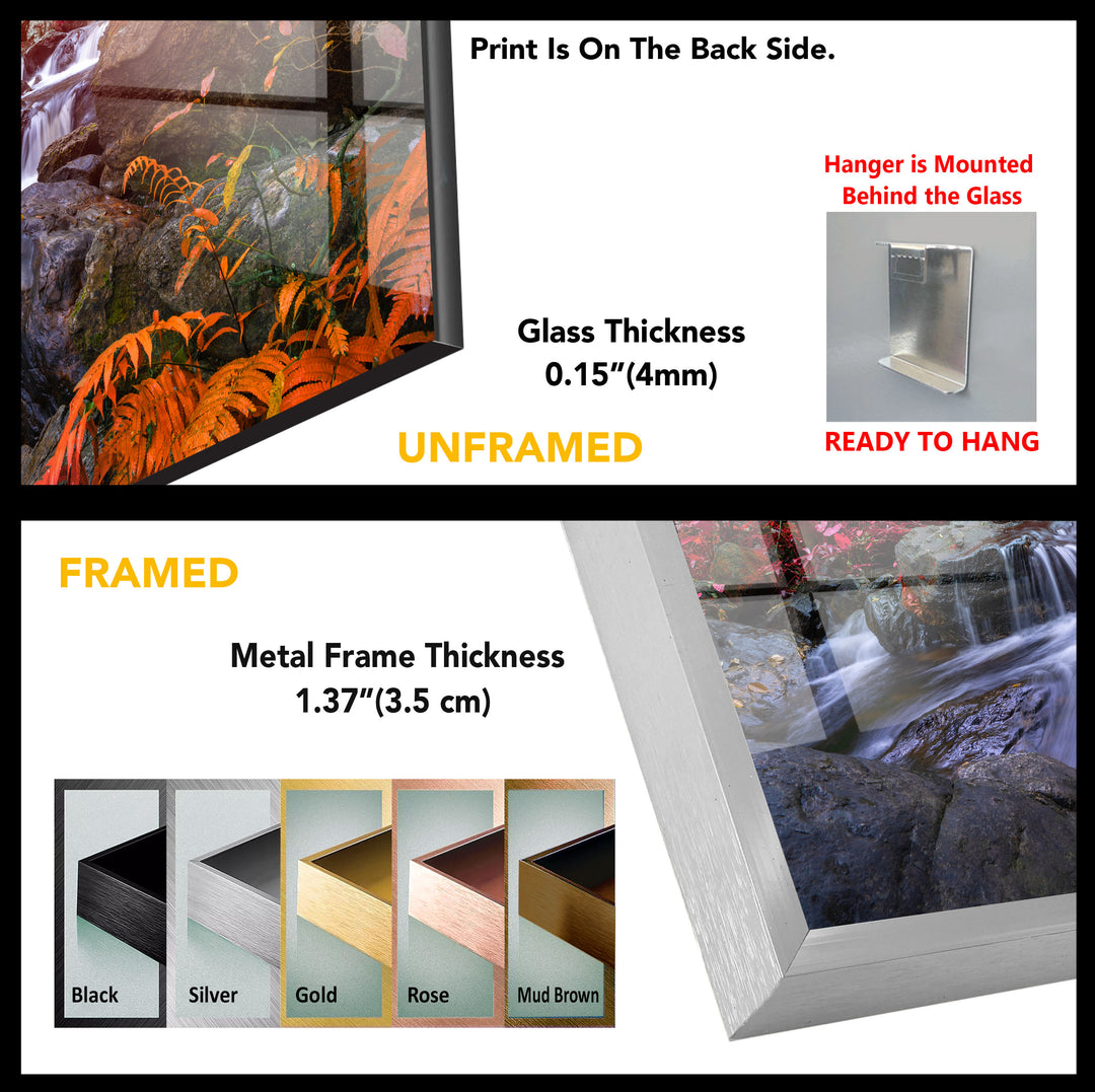 A comparison of the unframed and framed versions of the "Waterfall in Forest View Tempered Glass Wall Art" highlights their suitability for interior decoration. The unframed version showcases a serene nature scene with "Print Is On The Back Side," details about UV printing technology, glass thickness, and an included hanger. In contrast, the framed version offers options with various metal frame colors and thicknesses to suit different decor styles.