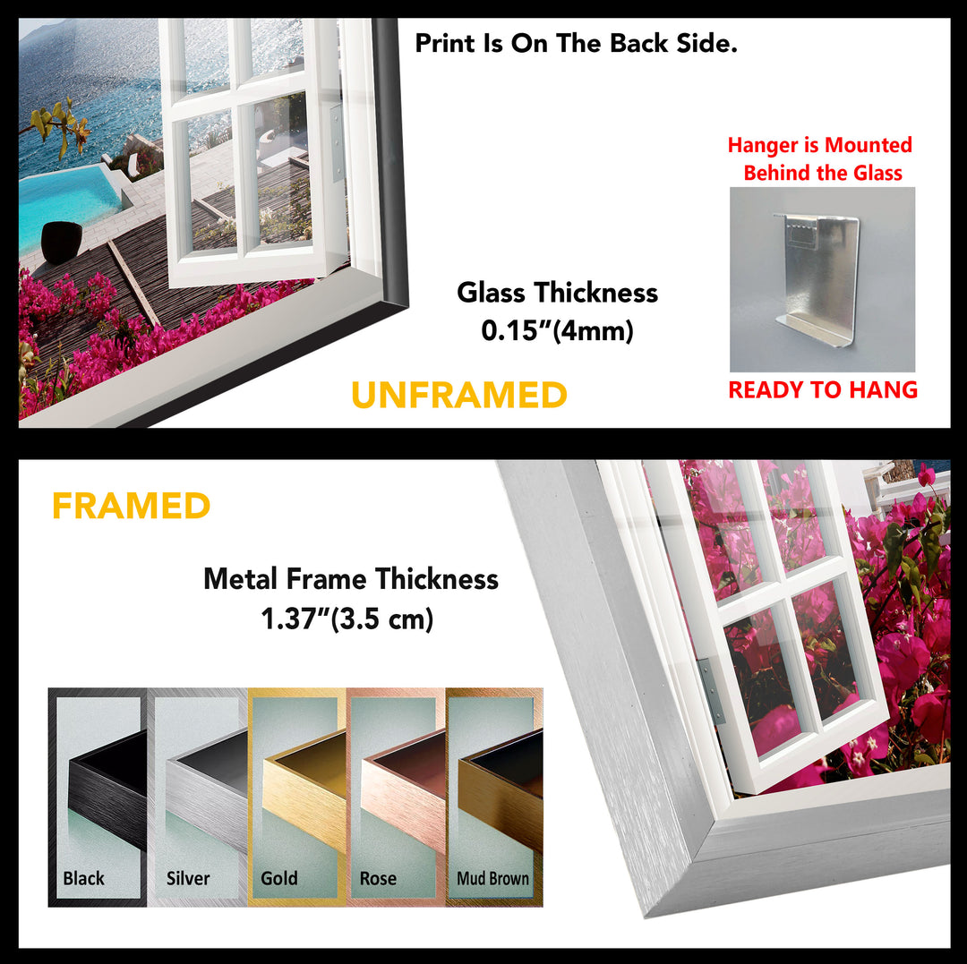 Fake Window Santorini Island Glass Wall Art