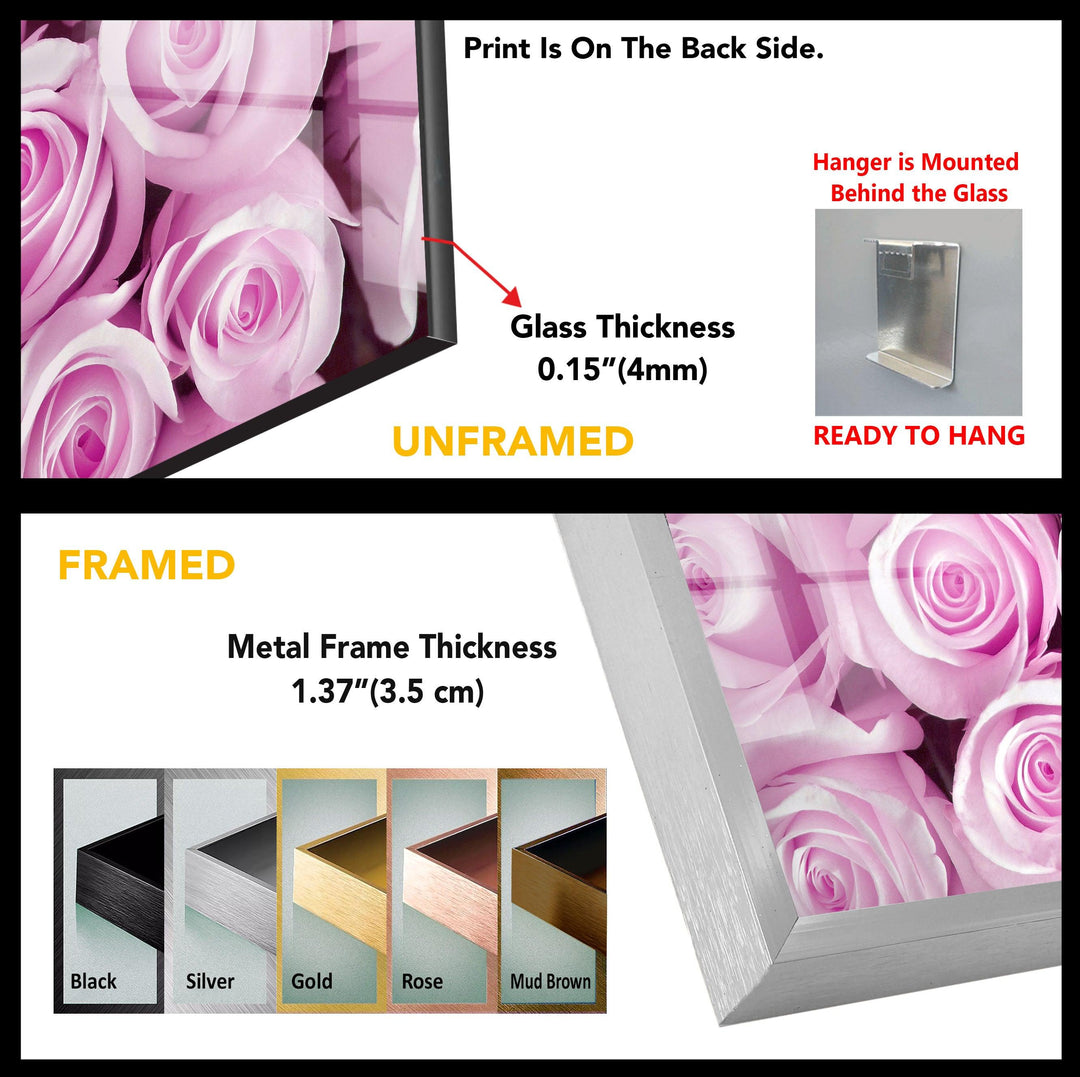 Pink Bud Roses Glass Wall Art, glass art painting, glass art for the Wall
