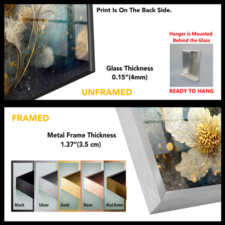 Elegant Golden Sheen Flower Glass Wall Art, glass art painting, glass art for the Wall