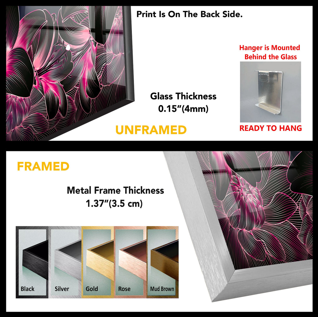 Pink Botanical Floral On Black Glass Wall Art, custom glass pictures, glass art prints
