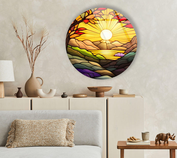 Stained Yellow Sunset Glass Wall Art photo print on glass, prints on glass wall art